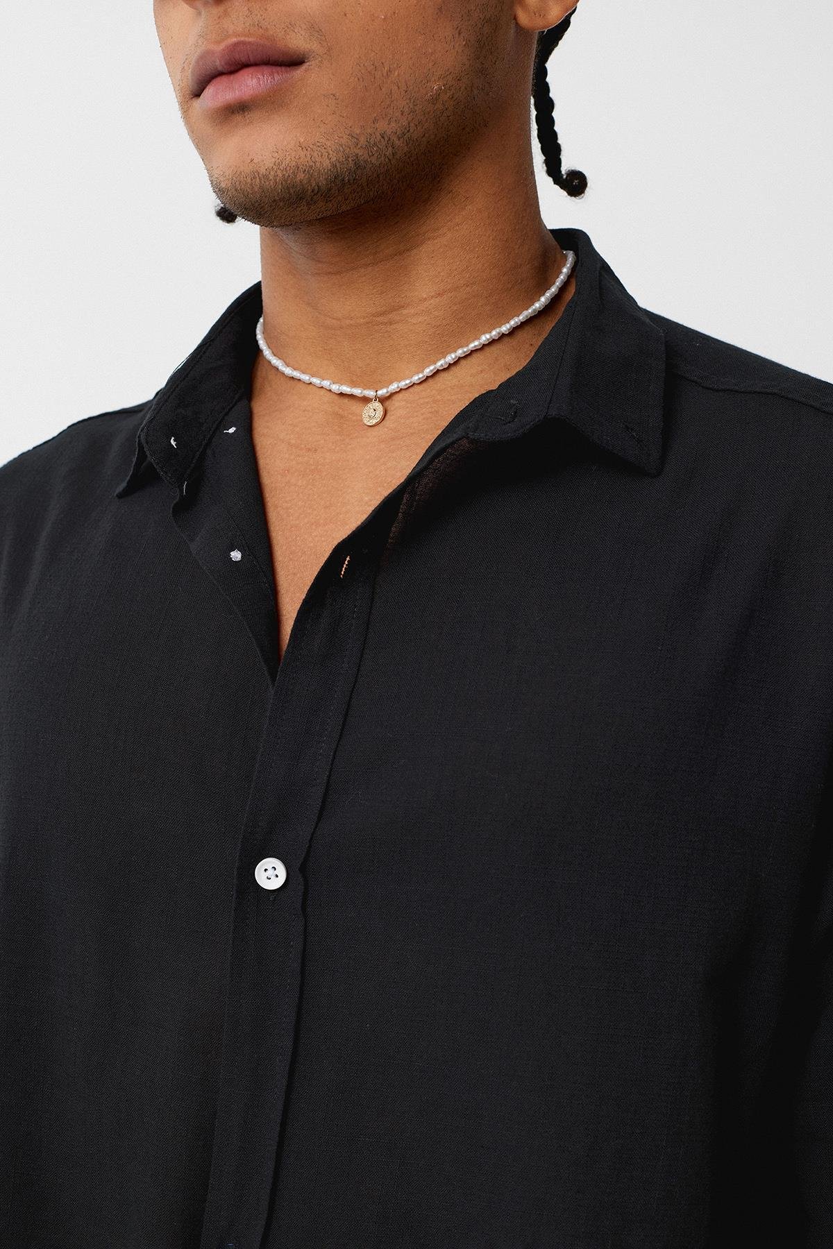 Basic Oversize Pamuk  Keten Gömlek Siyah