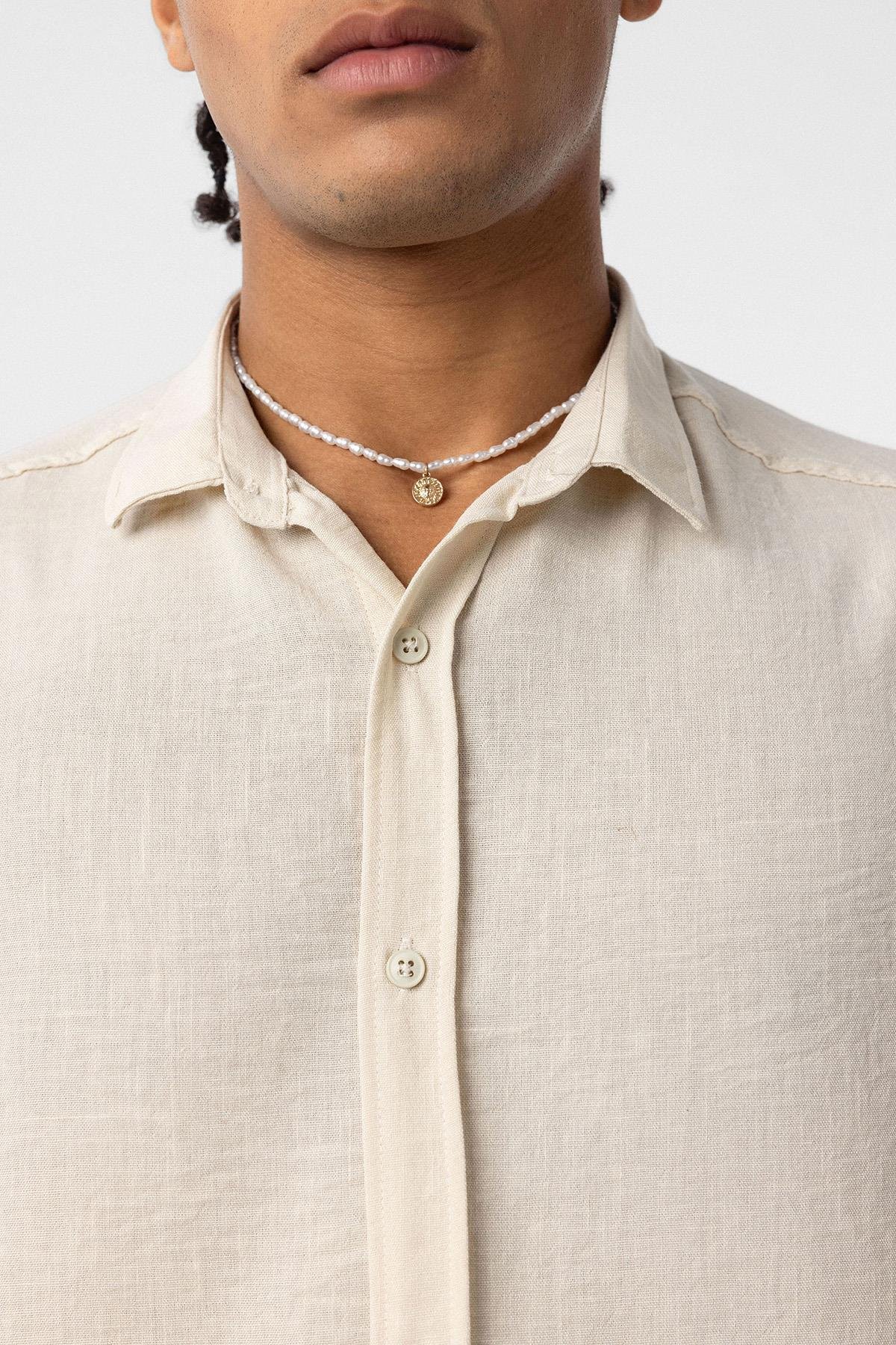 Basic Oversize Uzun Kol Keten Gömlek Bej