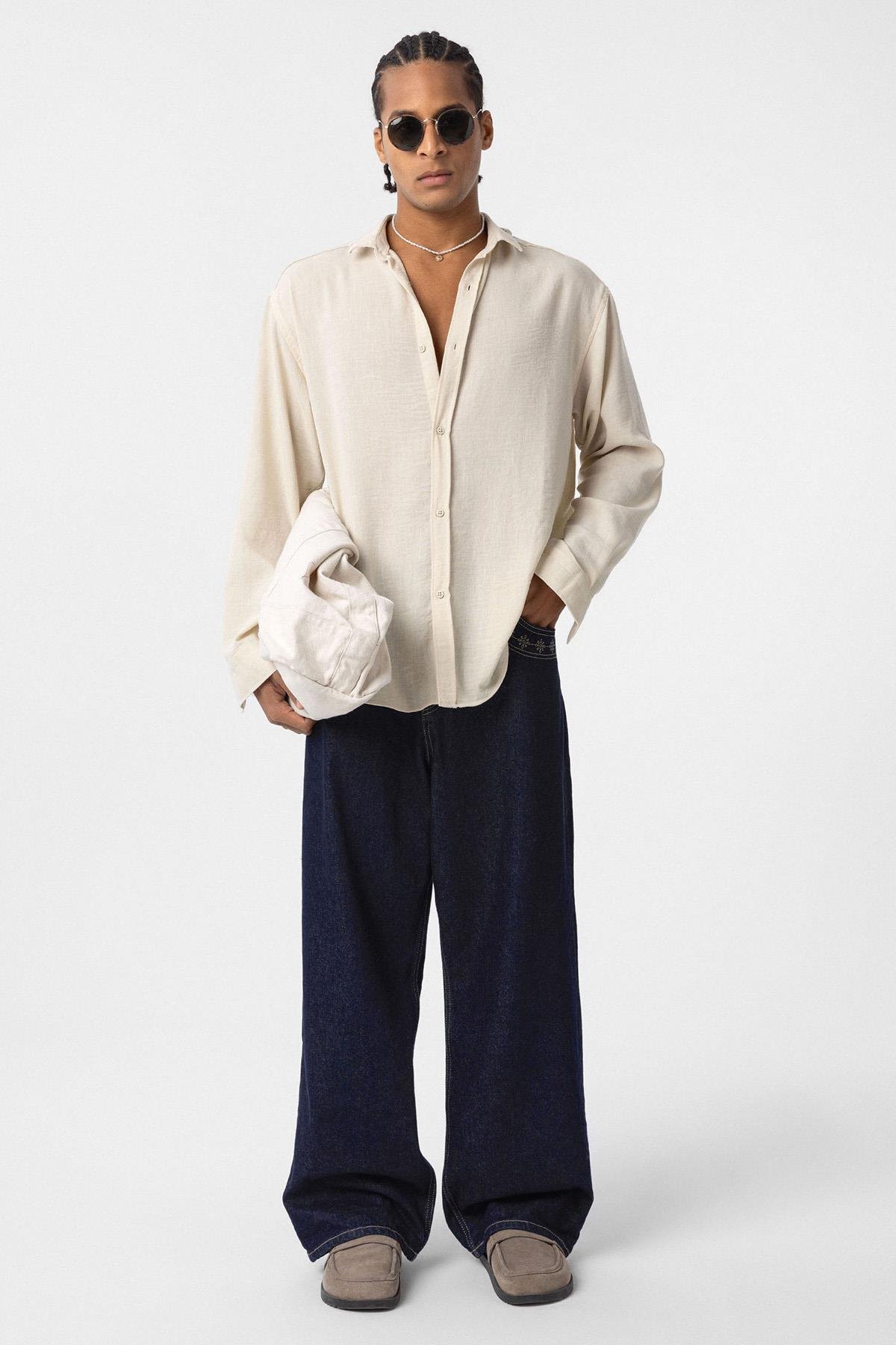 Basic Oversize Uzun Kol Keten Gömlek Bej