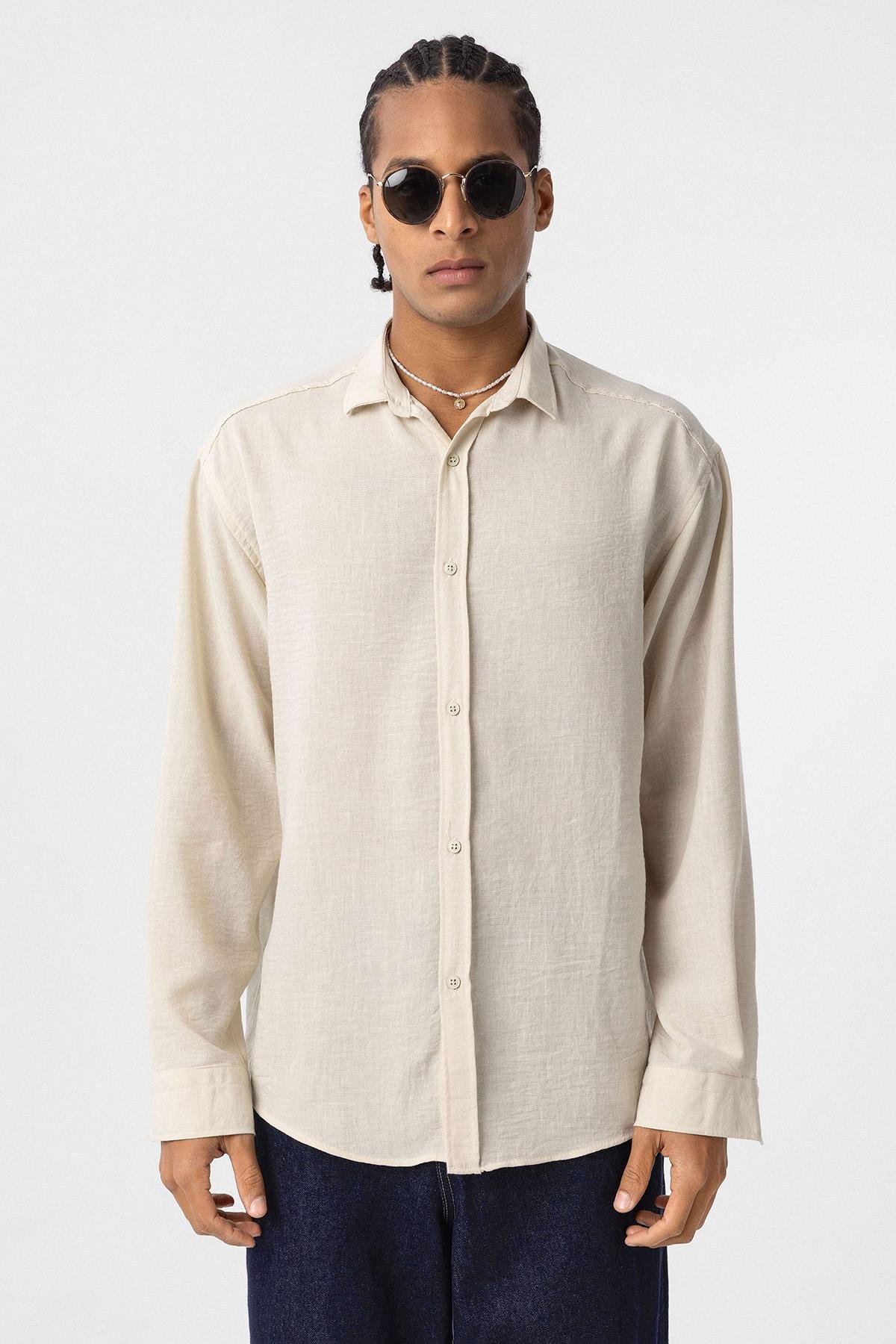 Basic Oversize Uzun Kol Keten Gömlek Bej
