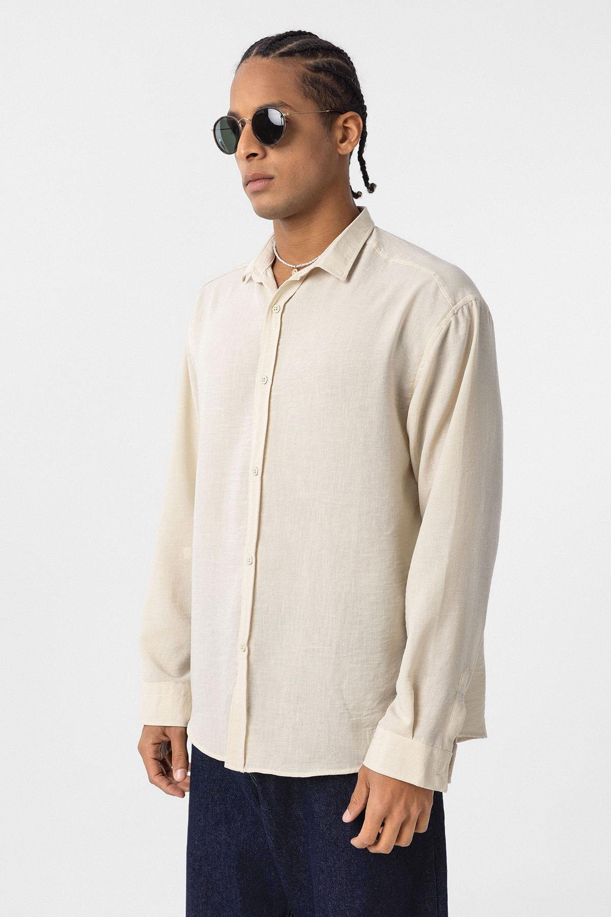 Basic Oversize Uzun Kol Keten Gömlek Bej