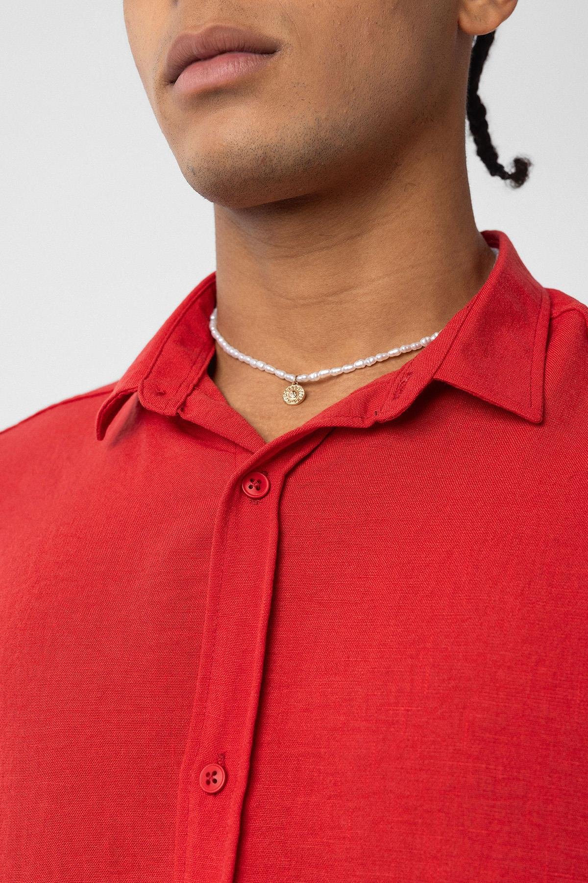 Basic Oversize Uzun Kol Keten Gömlek Kırmızı