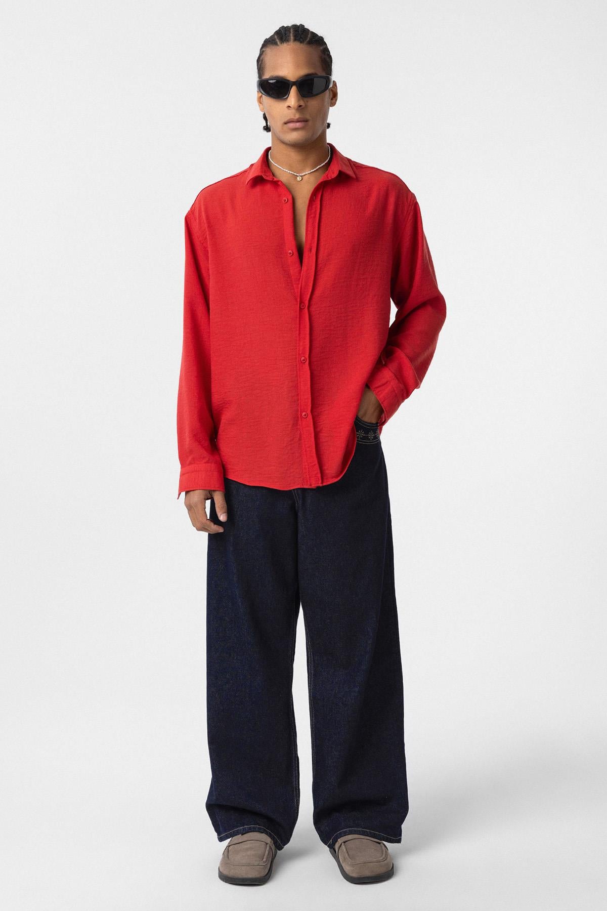 Basic Oversize Uzun Kol Keten Gömlek Kırmızı