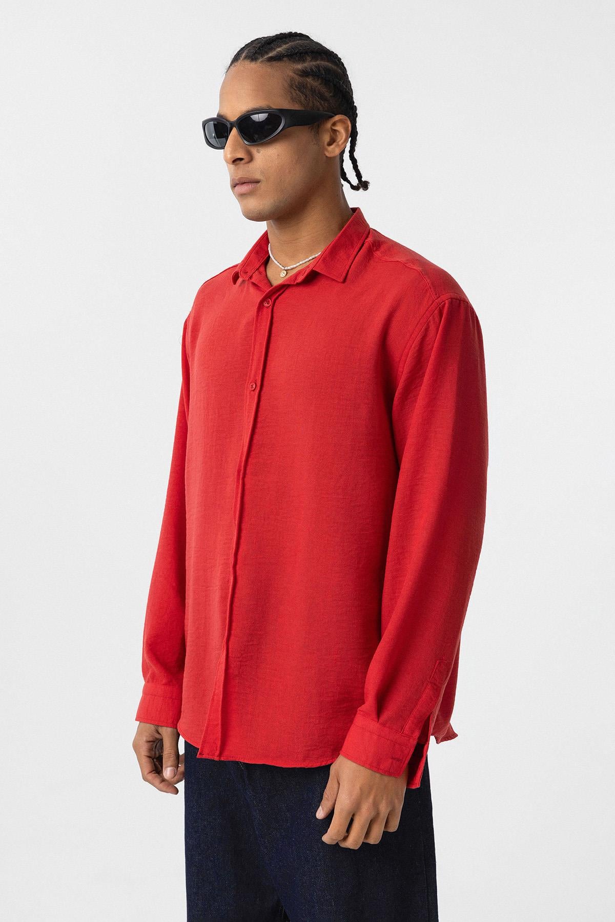 Basic Oversize Uzun Kol Keten Gömlek Kırmızı