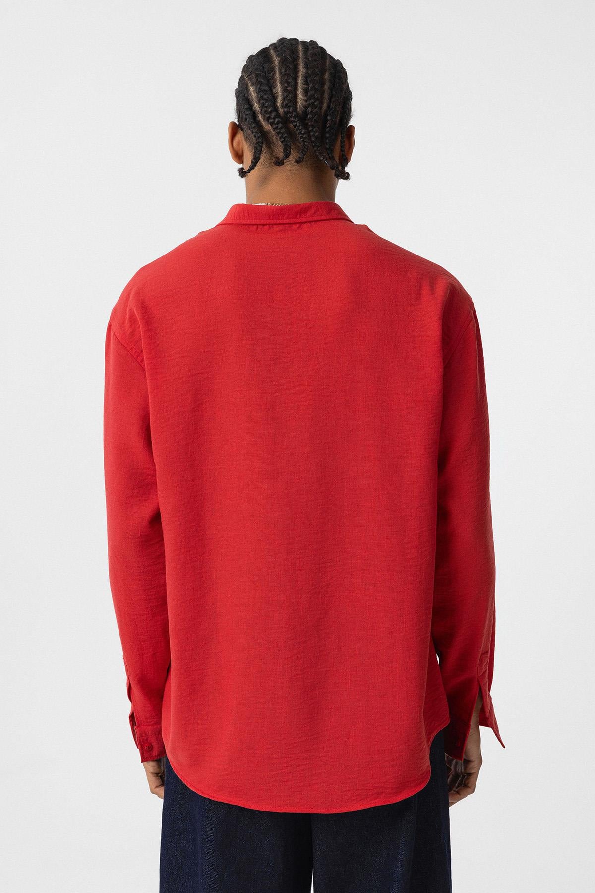 Basic Oversize Uzun Kol Keten Gömlek Kırmızı