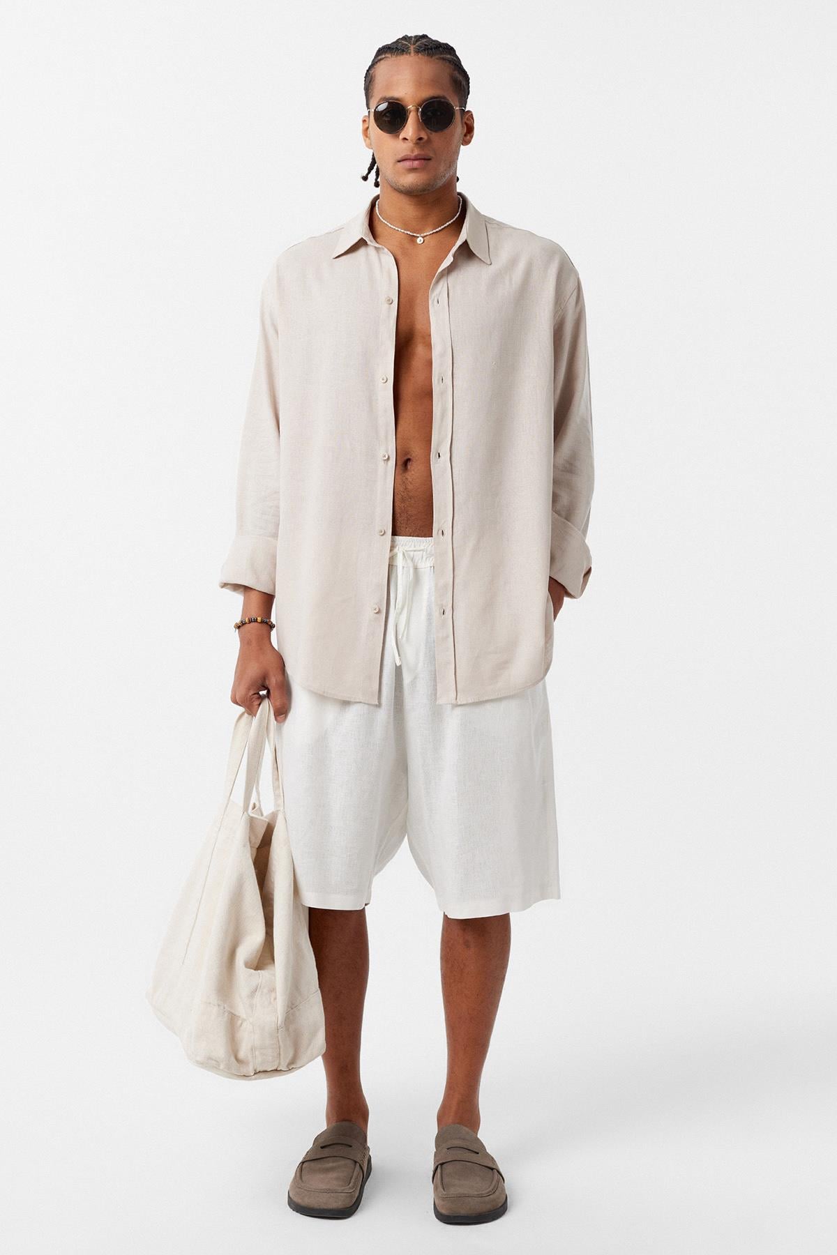 Basic Oversize Uzun Kollu Keten Gömlek Bej