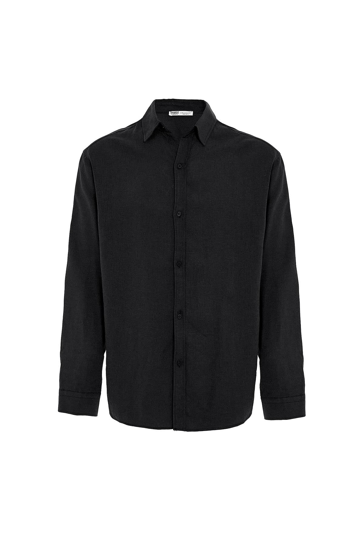 Basic Oversize Uzun Kollu Keten Gömlek Siyah