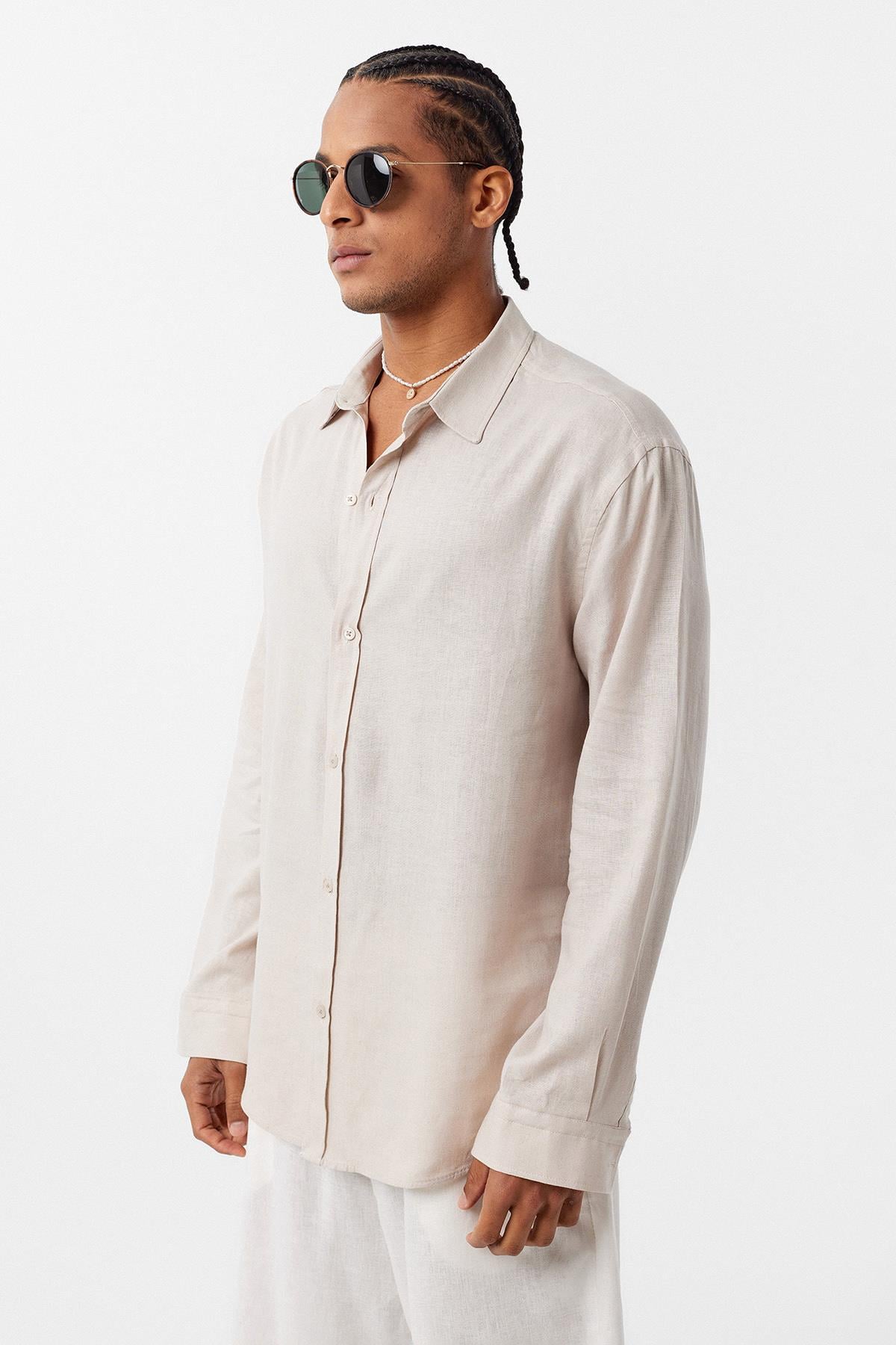 Basic Oversize Uzun Kollu Keten Gömlek Bej