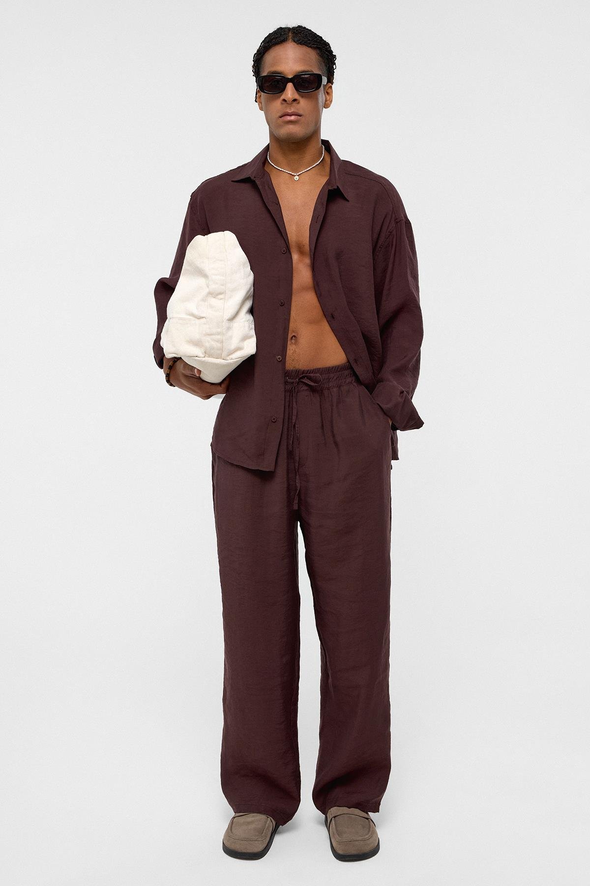 Basıc Oversize Uzun Kollu Modal Karışımlı Gömlek Kahve