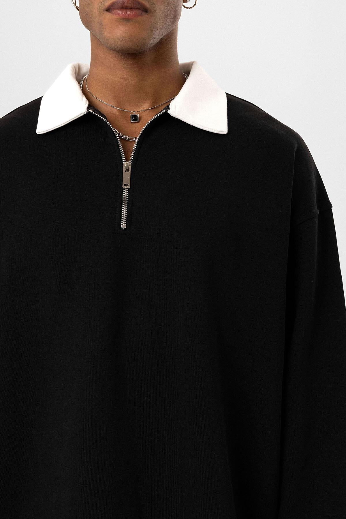 Basıc Polo Yaka Fermuar Detaylı Sweatshirt Siyah