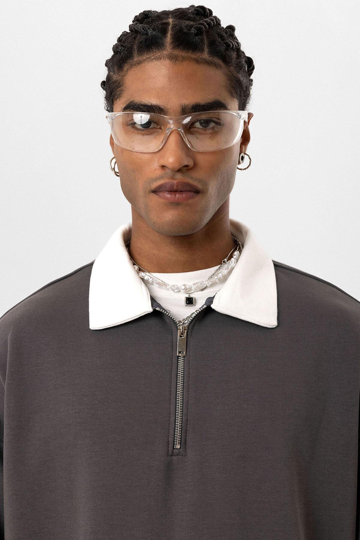 Basıc Polo Yaka Fermuar Detaylı Sweatshirt Füme