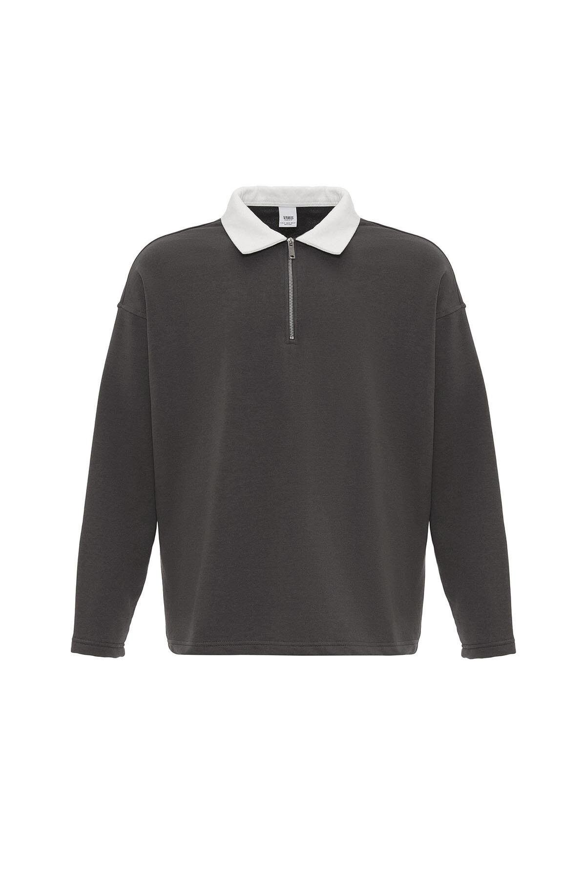 Basıc Polo Yaka Fermuar Detaylı Sweatshirt Füme