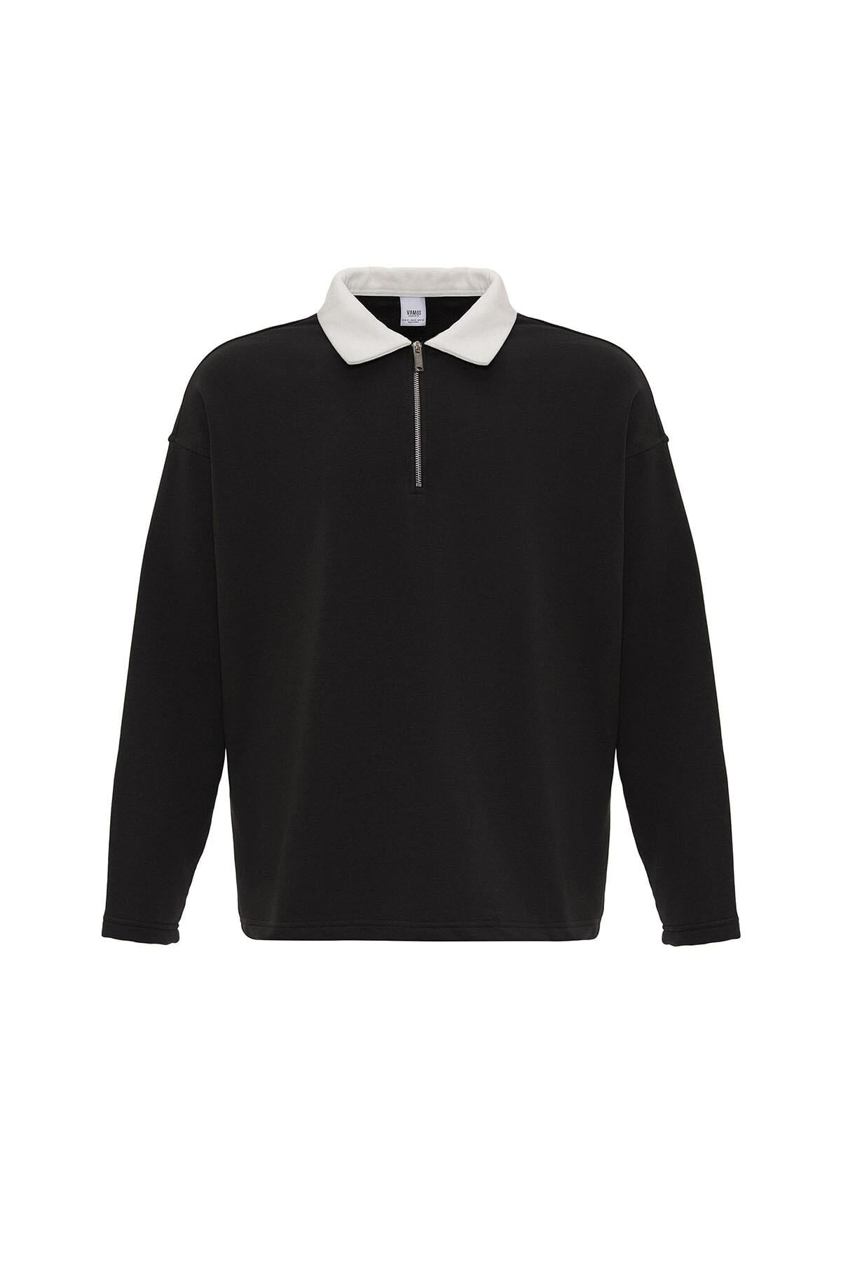 Basıc Polo Yaka Fermuar Detaylı Sweatshirt Siyah