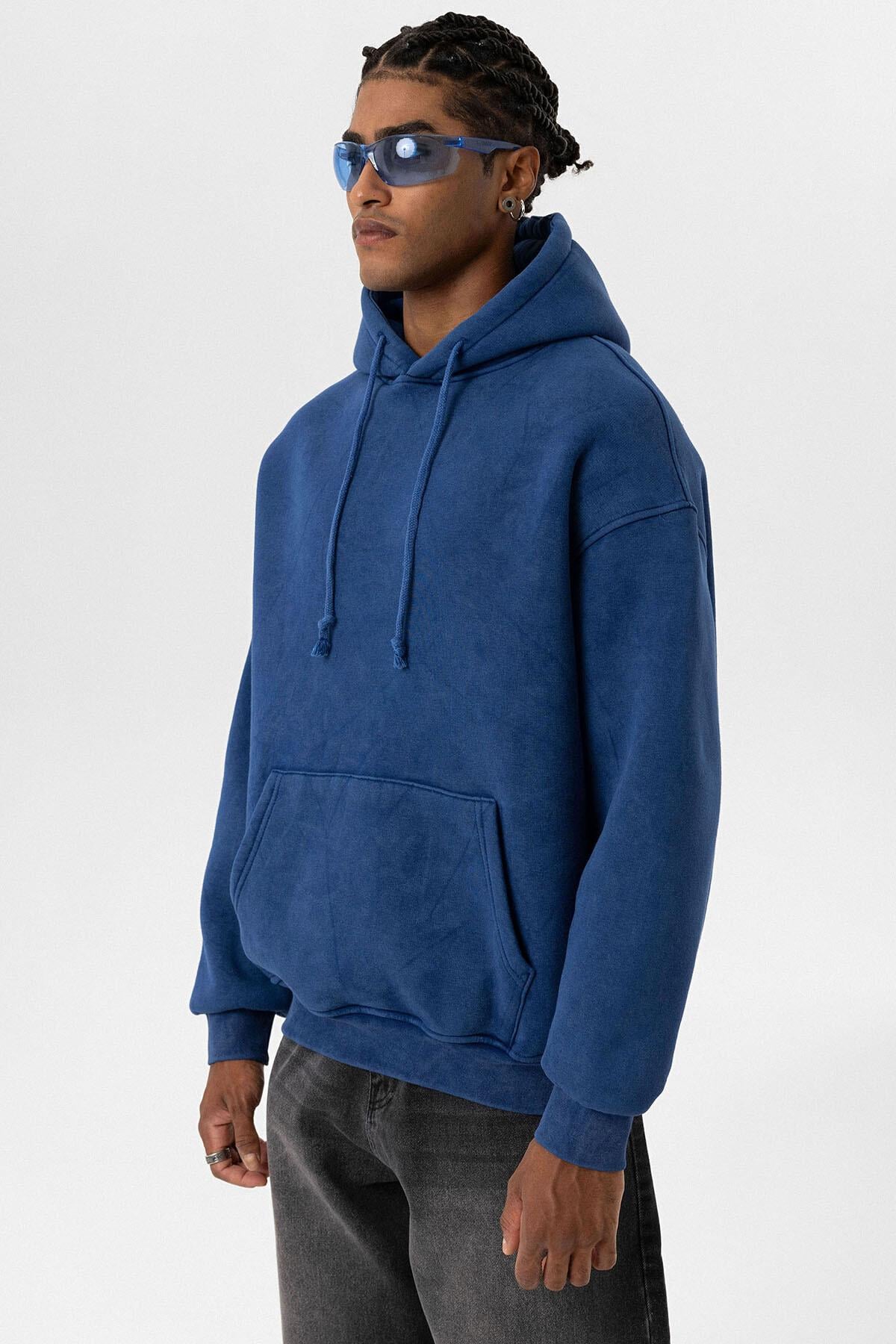 Basıc Yıkamalı Oversize Sweatshirt İndigo