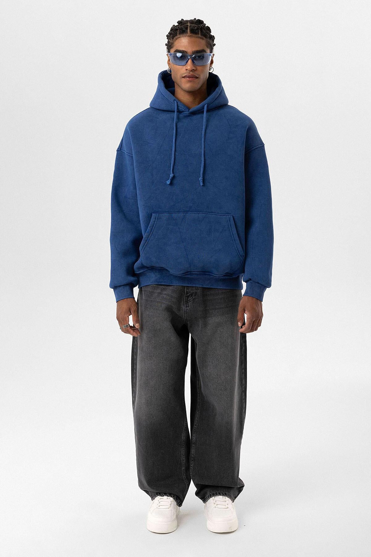 Basıc Yıkamalı Oversize Sweatshirt İndigo