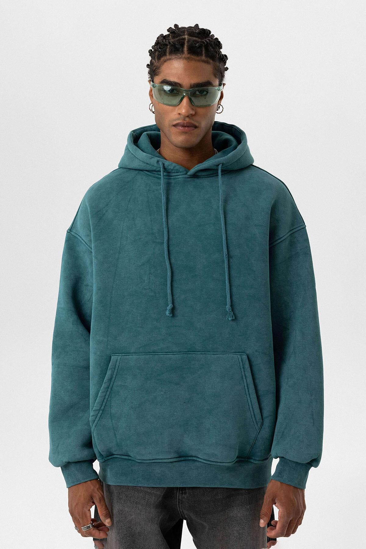Basıc Yıkamalı Oversize Sweatshirt Petrol
