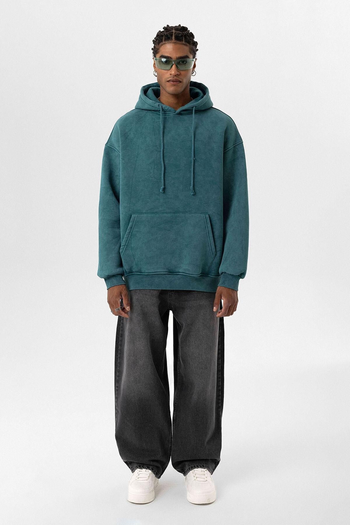 Basıc Yıkamalı Oversize Sweatshirt Petrol