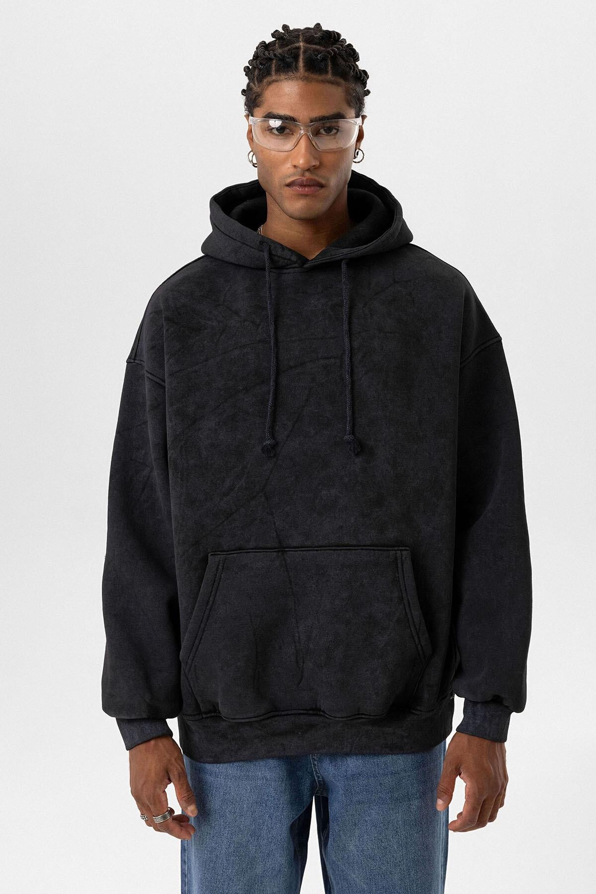 Basıc Yıkamalı Oversize Sweatshirt Siyah