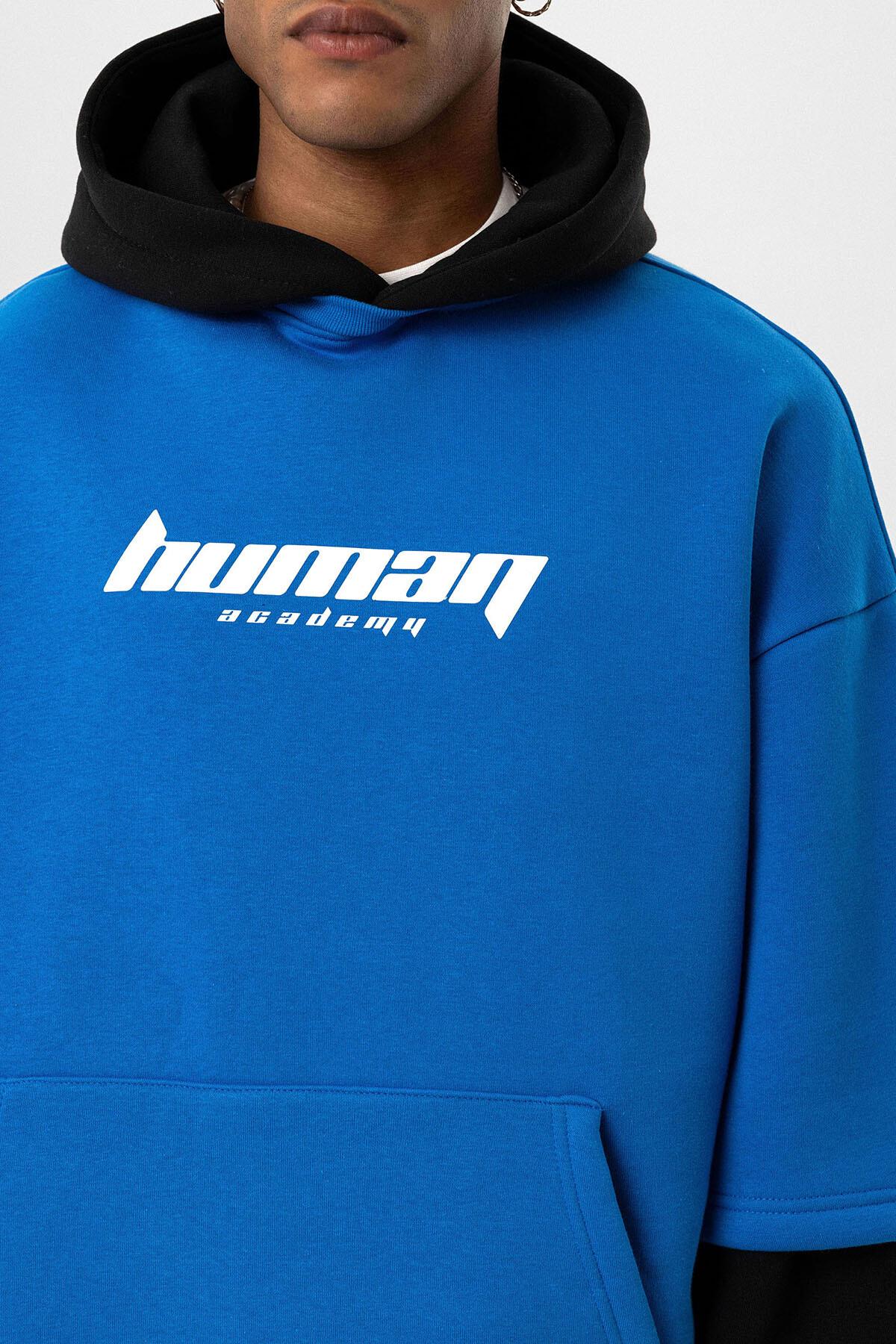 Baskılı Çift Kol Detaylı Oversize Sweatshirt Turkuaz