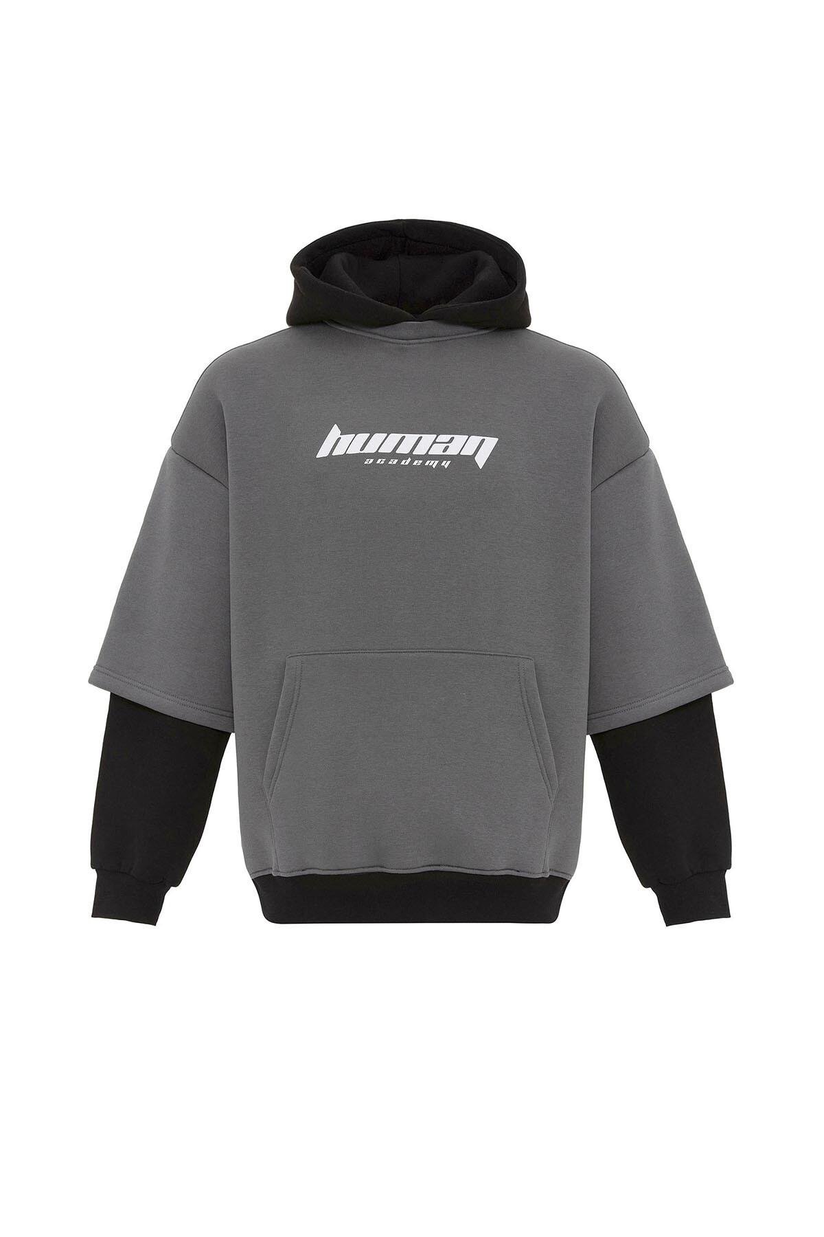 Baskılı Çift Kol Detaylı Oversize Sweatshirt Füme