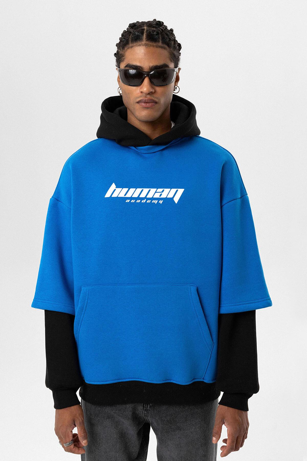 Baskılı Çift Kol Detaylı Oversize Sweatshirt Turkuaz