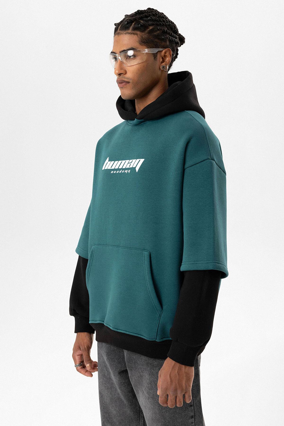 Baskılı Çift Kol Detaylı Oversize Sweatshirt Petrol