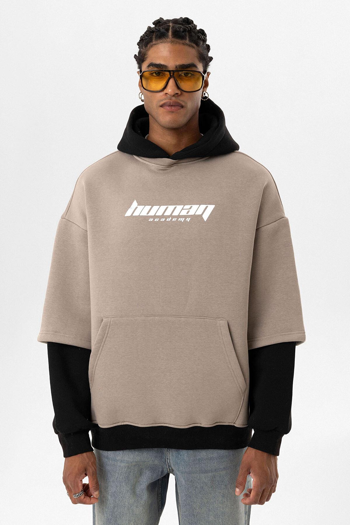 Baskılı Çift Kol Detaylı Oversize Sweatshirt Vizon