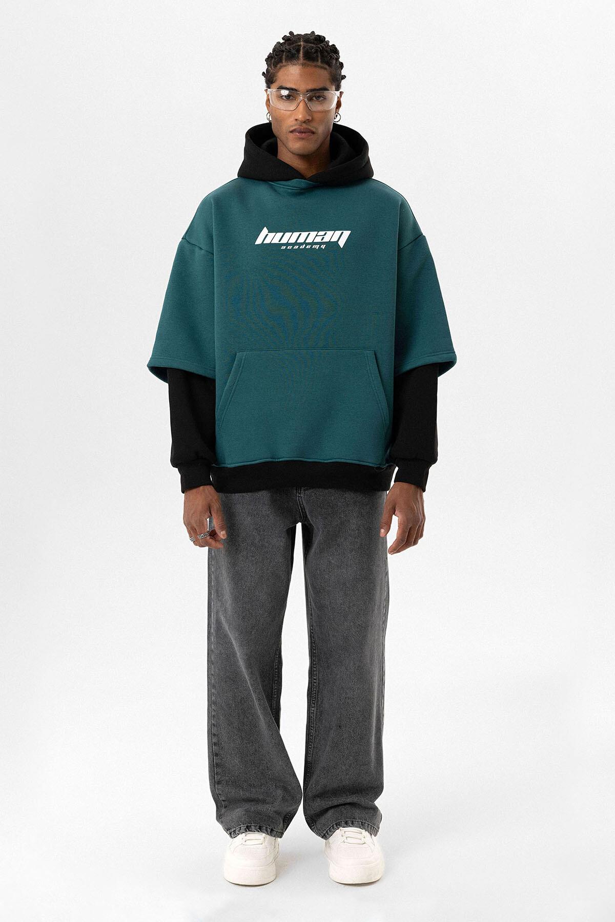 Baskılı Çift Kol Detaylı Oversize Sweatshirt Petrol