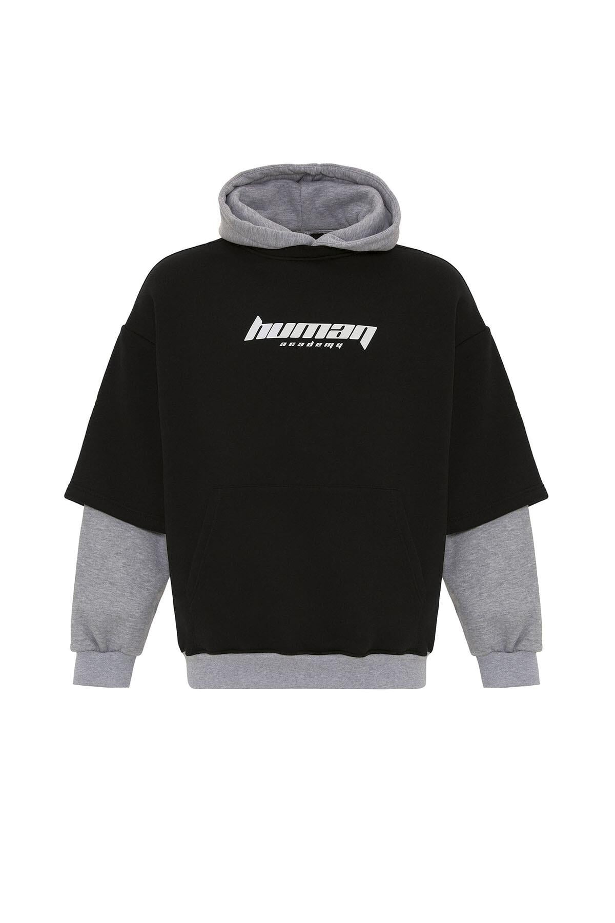 Baskılı Çift Kol Detaylı Oversize Sweatshirt Siyah