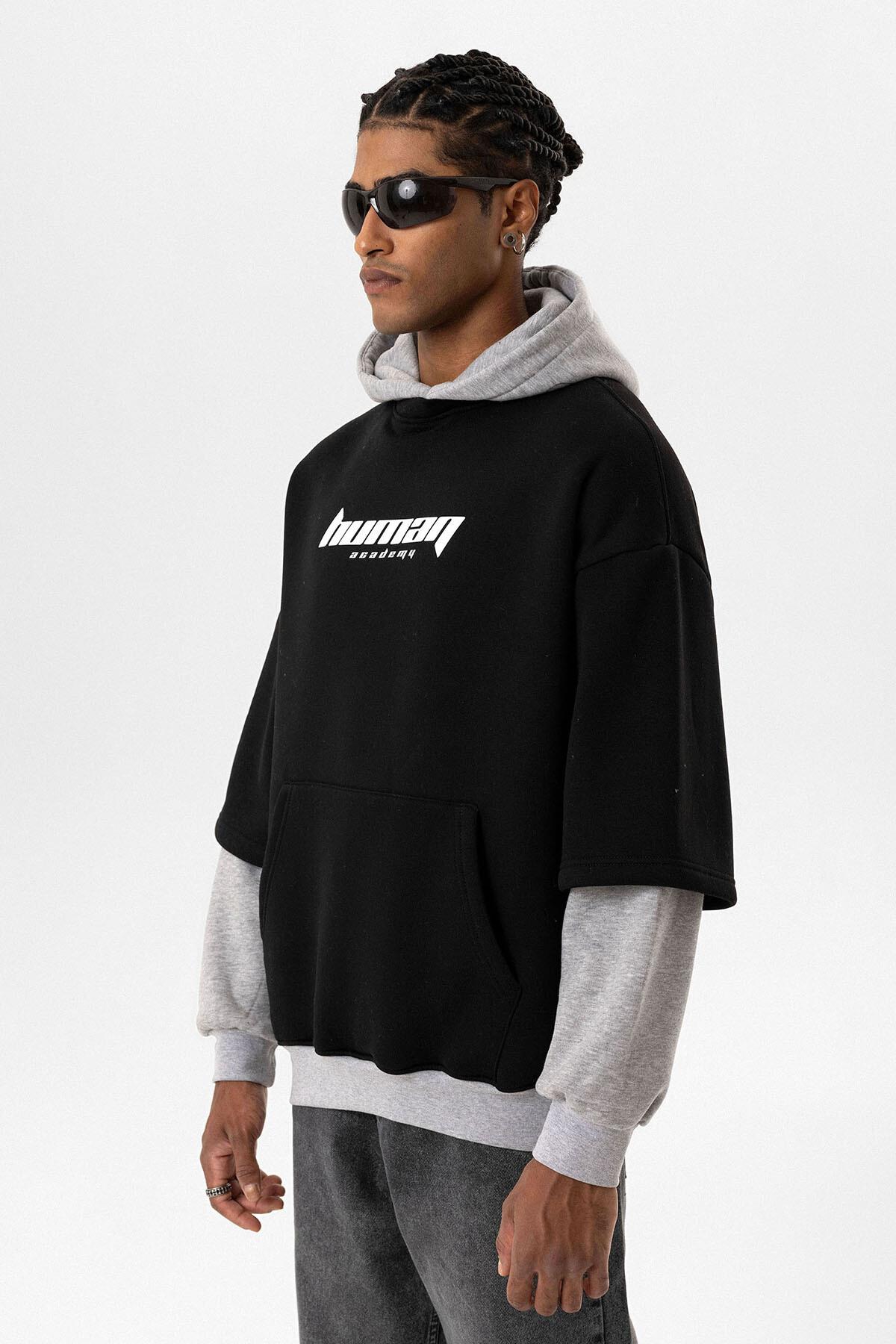 Baskılı Çift Kol Detaylı Oversize Sweatshirt Siyah