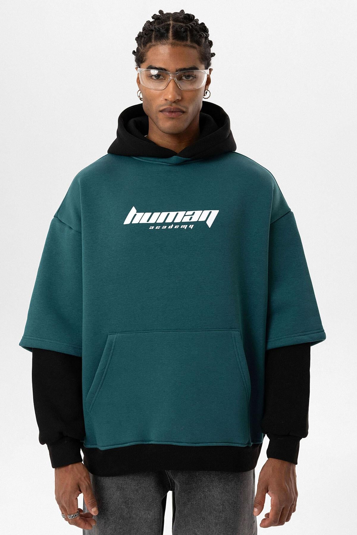 Baskılı Çift Kol Detaylı Oversize Sweatshirt Petrol