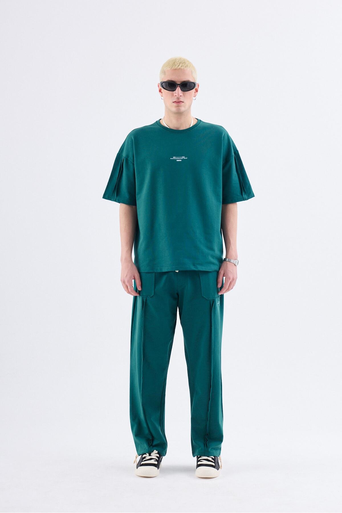 Baskılı Stoper Paça %100 Pamuk Eşofman Takım Petrol