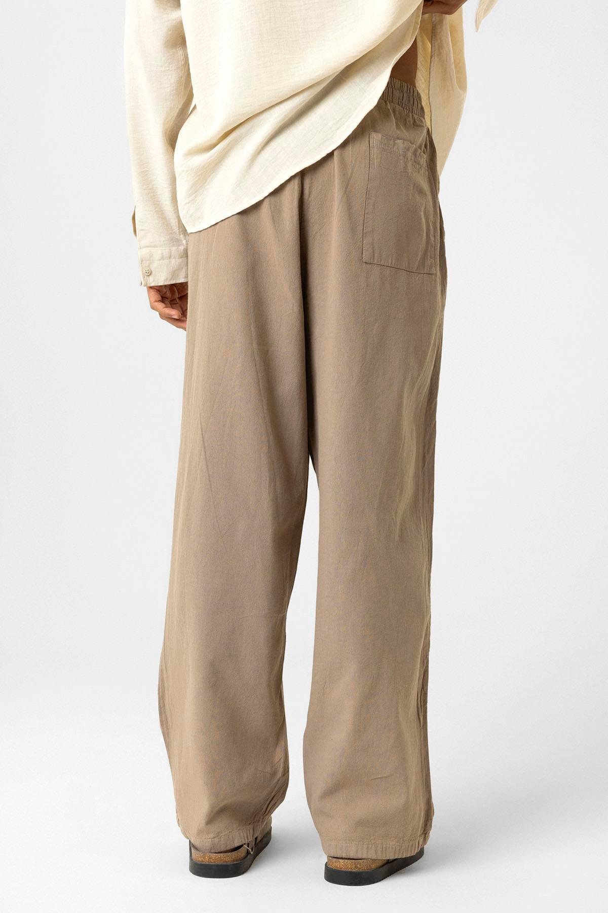 Bel Lastikli Baggy Fit Keten Pantolon Açık Kahve