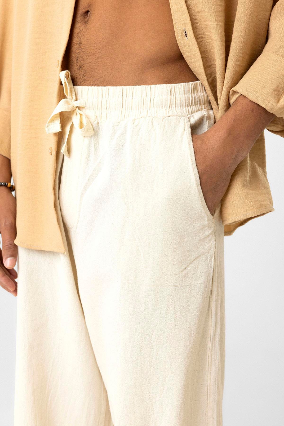 Bel Lastikli Baggy Fit Keten Pantolon Naturel