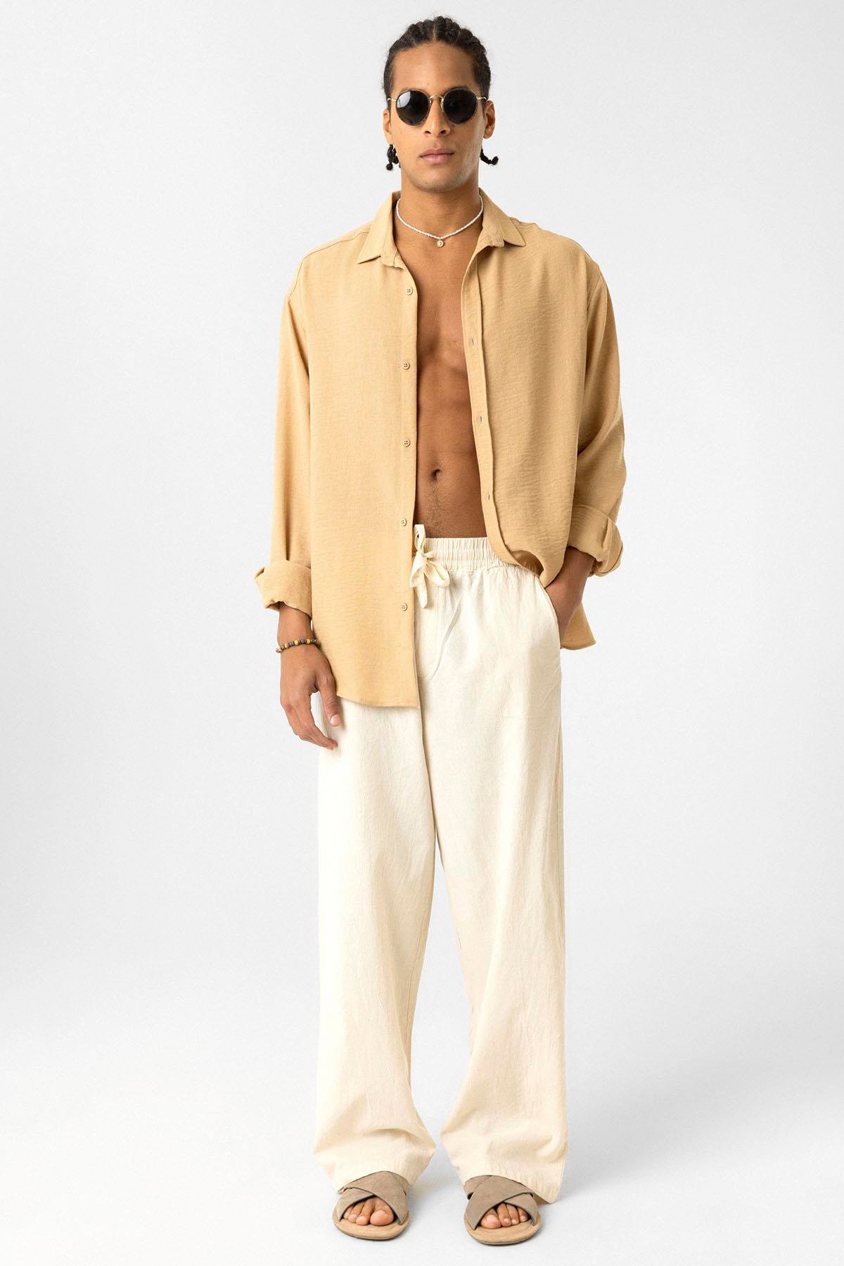 Bel Lastikli Baggy Fit Keten Pantolon Naturel