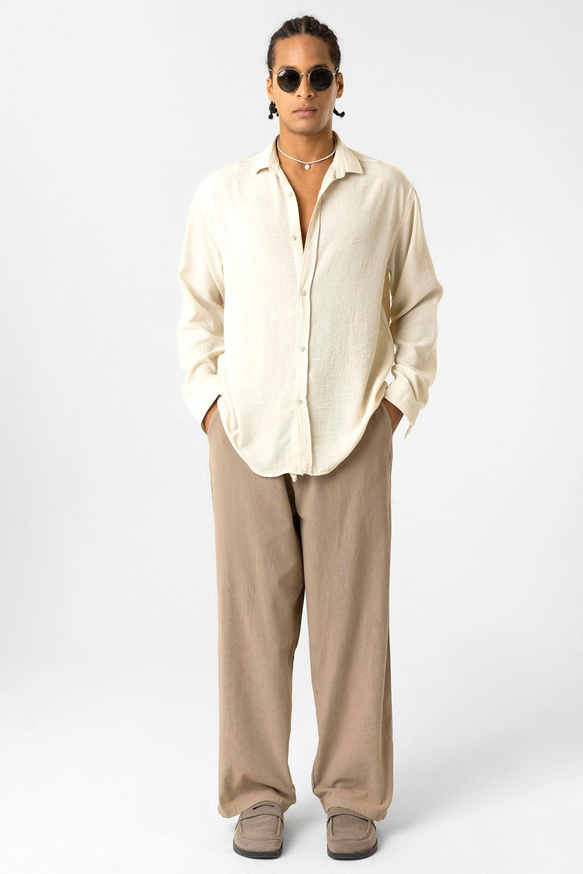 Bel Lastikli Baggy Fit Keten Pantolon Açık Kahve