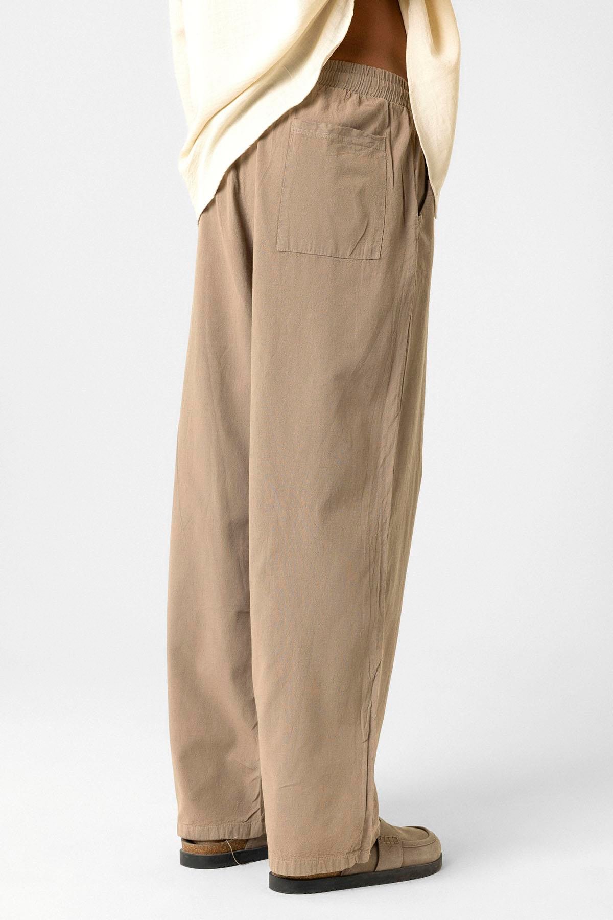 Bel Lastikli Baggy Fit Keten Pantolon Açık Kahve