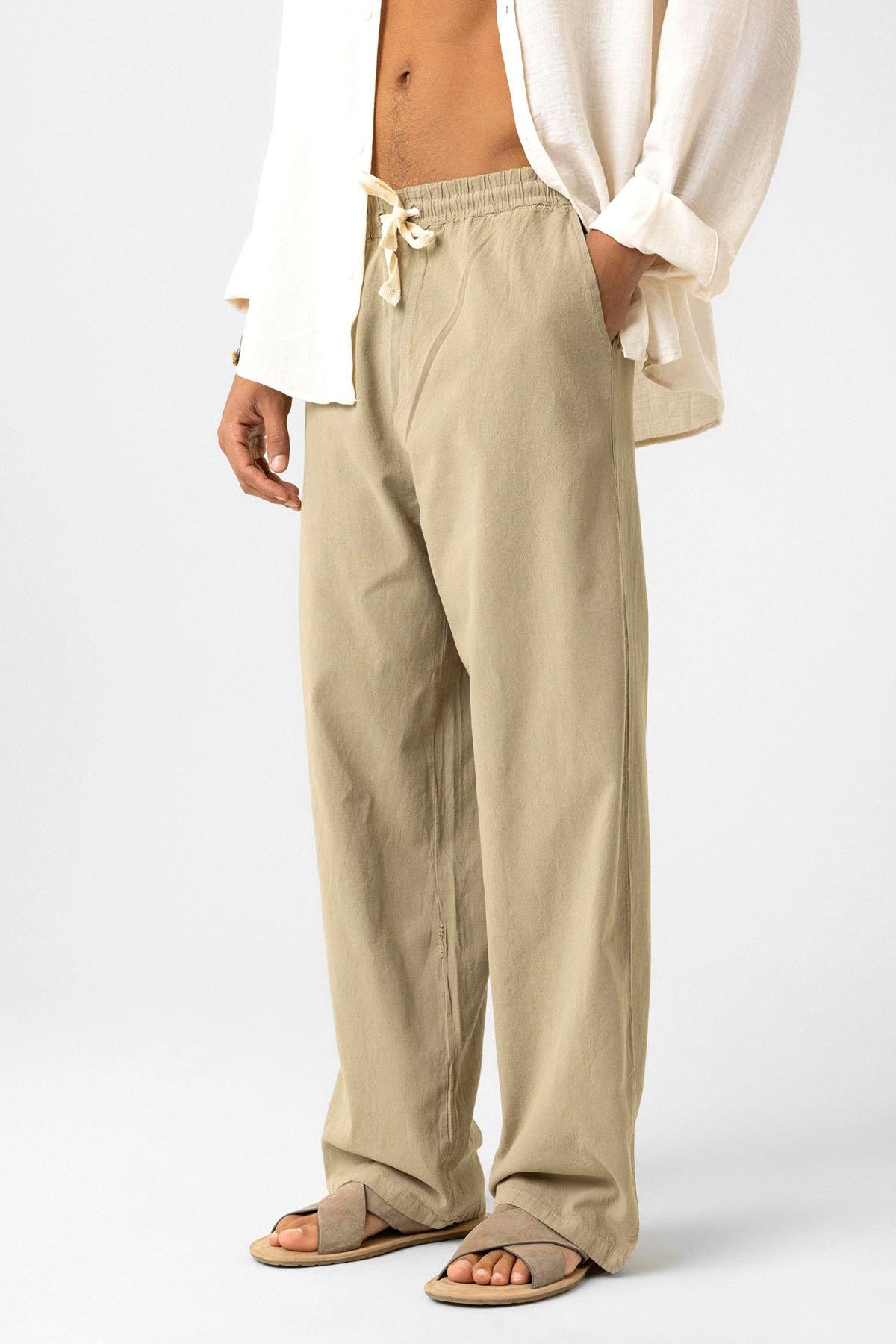 Bel Lastikli Baggy Fit Keten Pantolon Açık Haki