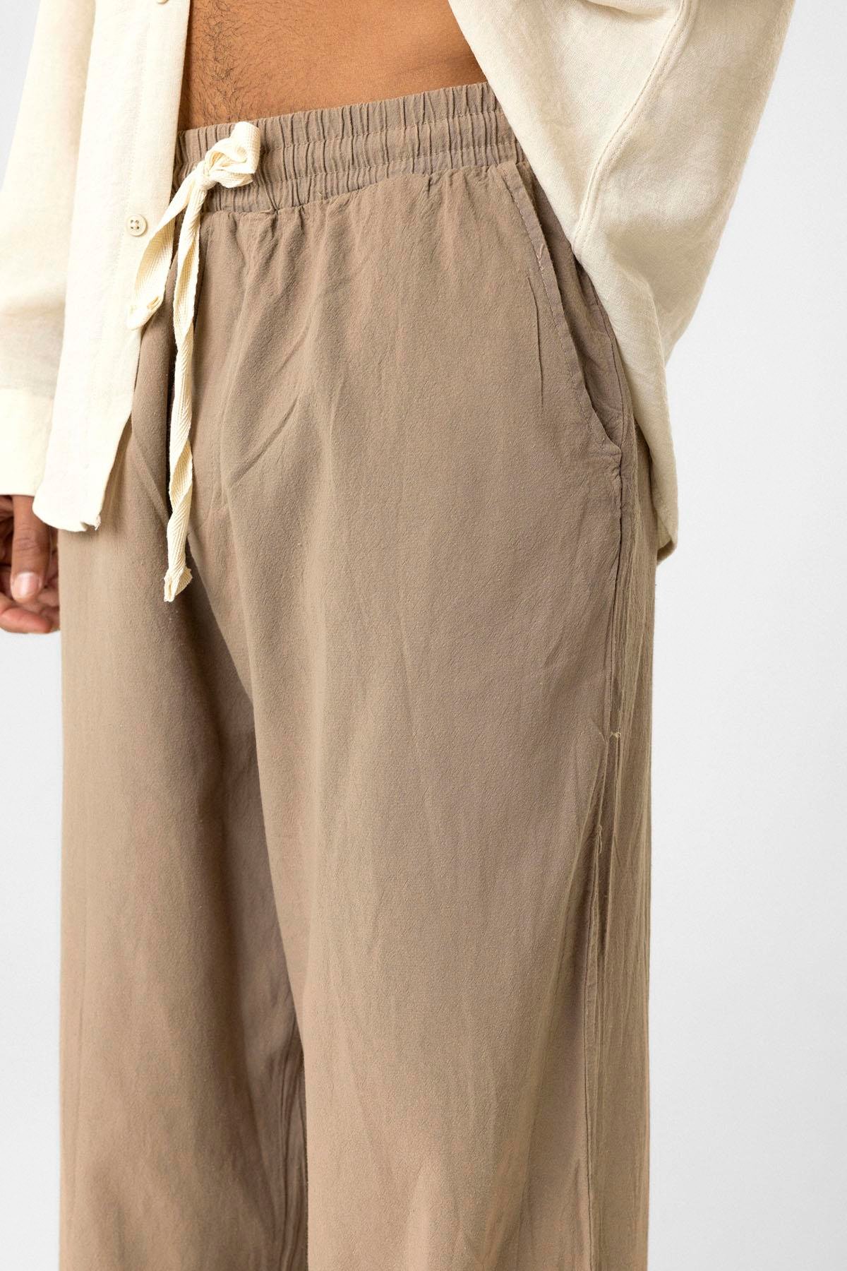 Bel Lastikli Baggy Fit Keten Pantolon Açık Kahve