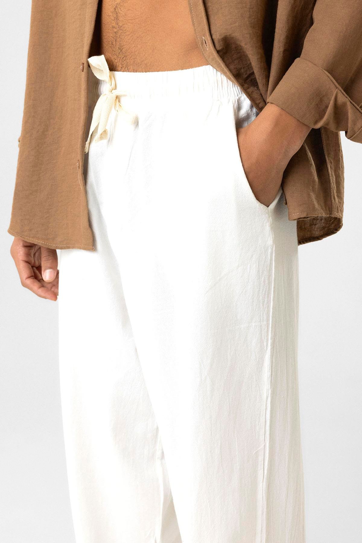 Bel Lastikli Baggy Fit Keten Pantolon Beyaz