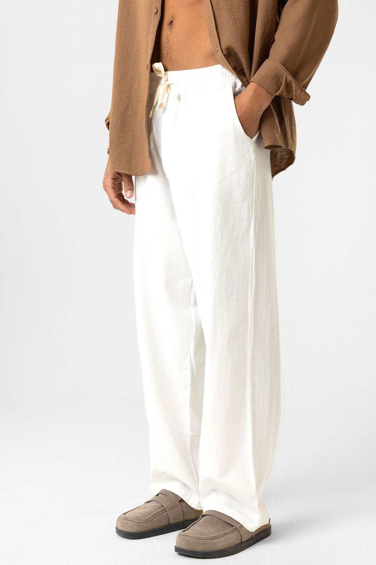 Bel Lastikli Baggy Fit Keten Pantolon Beyaz