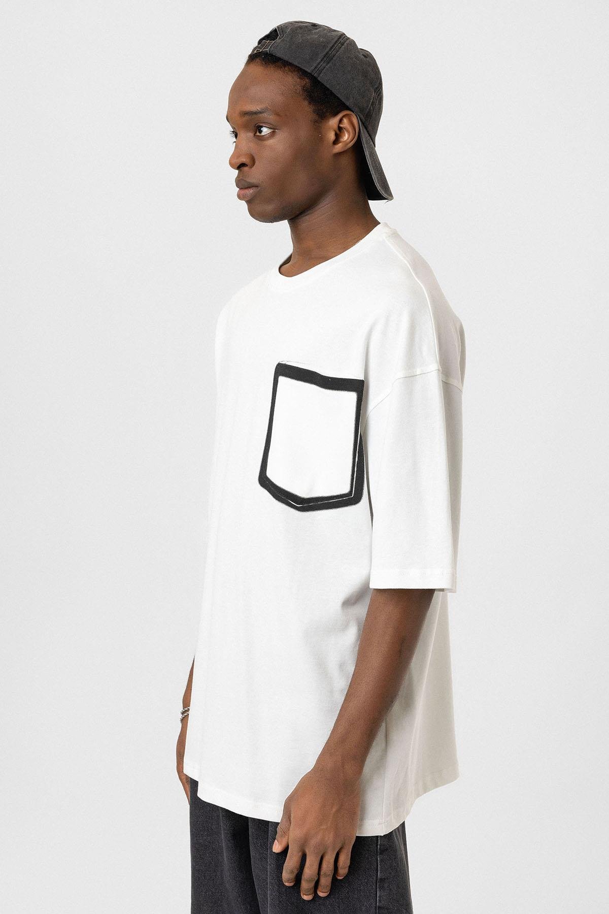 Bisiklet Yaka Cepli Oversize Tişört Ekru