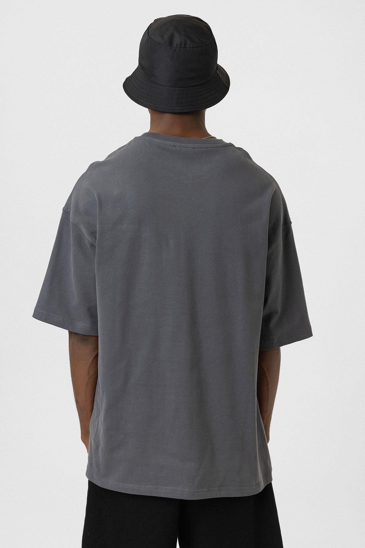 Bisiklet Yaka Cepli Oversize Tişört Füme