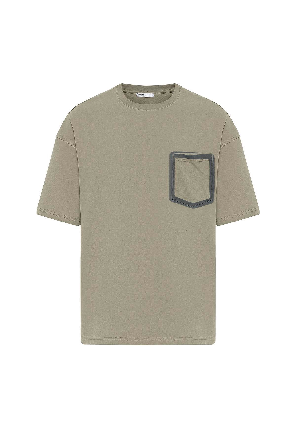 Bisiklet Yaka Cepli Oversize Tişört Haki