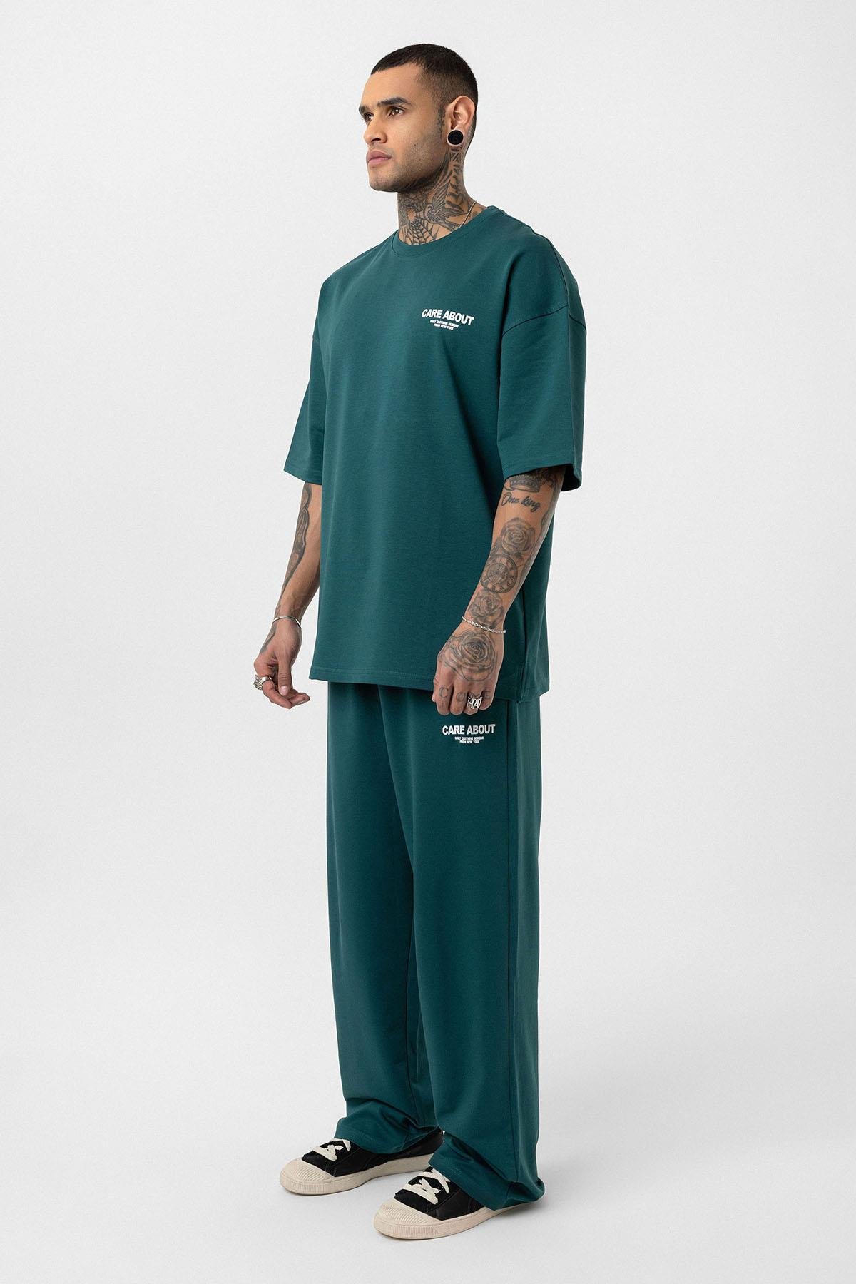 Care About Baskılı Oversize Eşofman Takım-Siyah Petrol