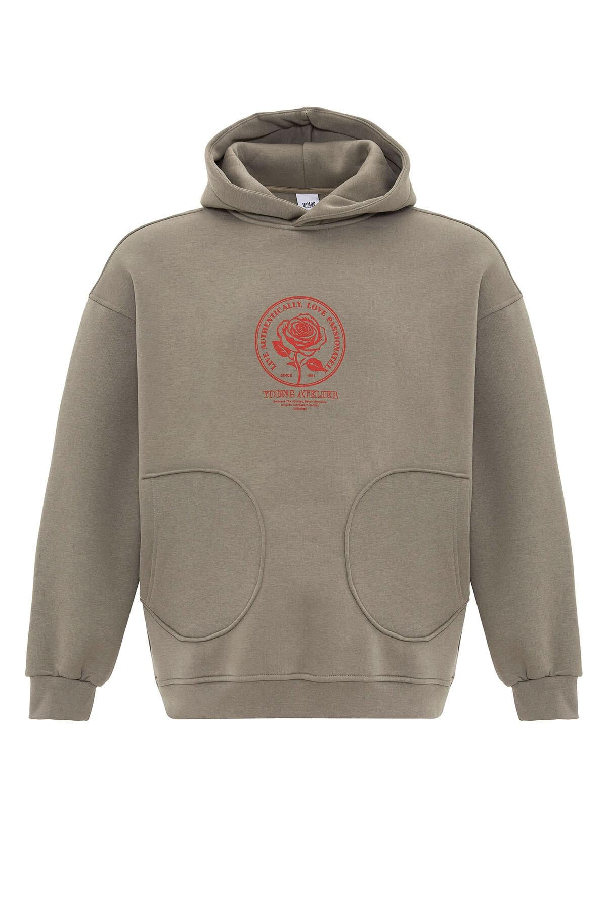 Cep Detaylı Baskılı Overıze Sweatshirt Haki