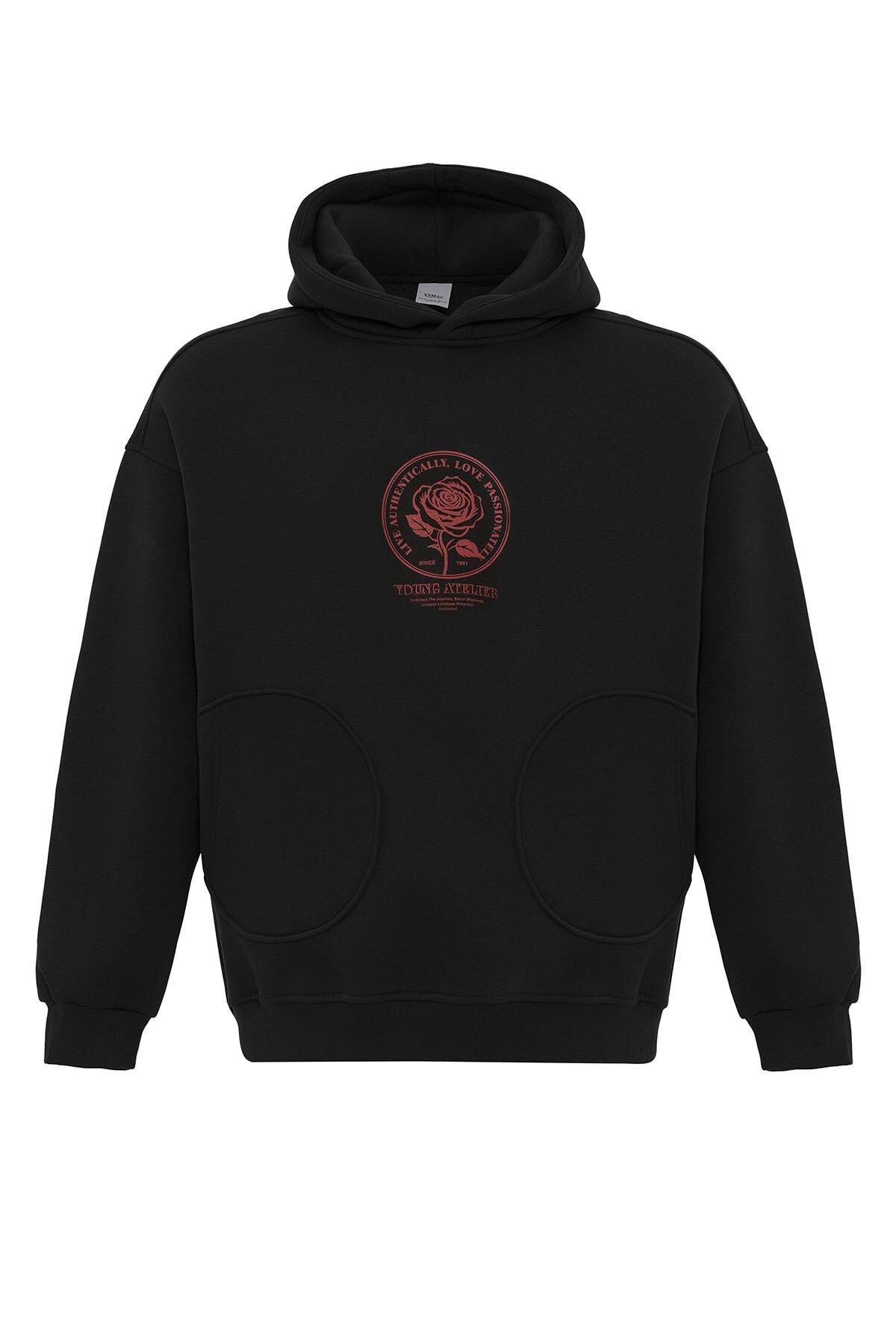 Cep Detaylı Baskılı Overıze Sweatshirt Siyah