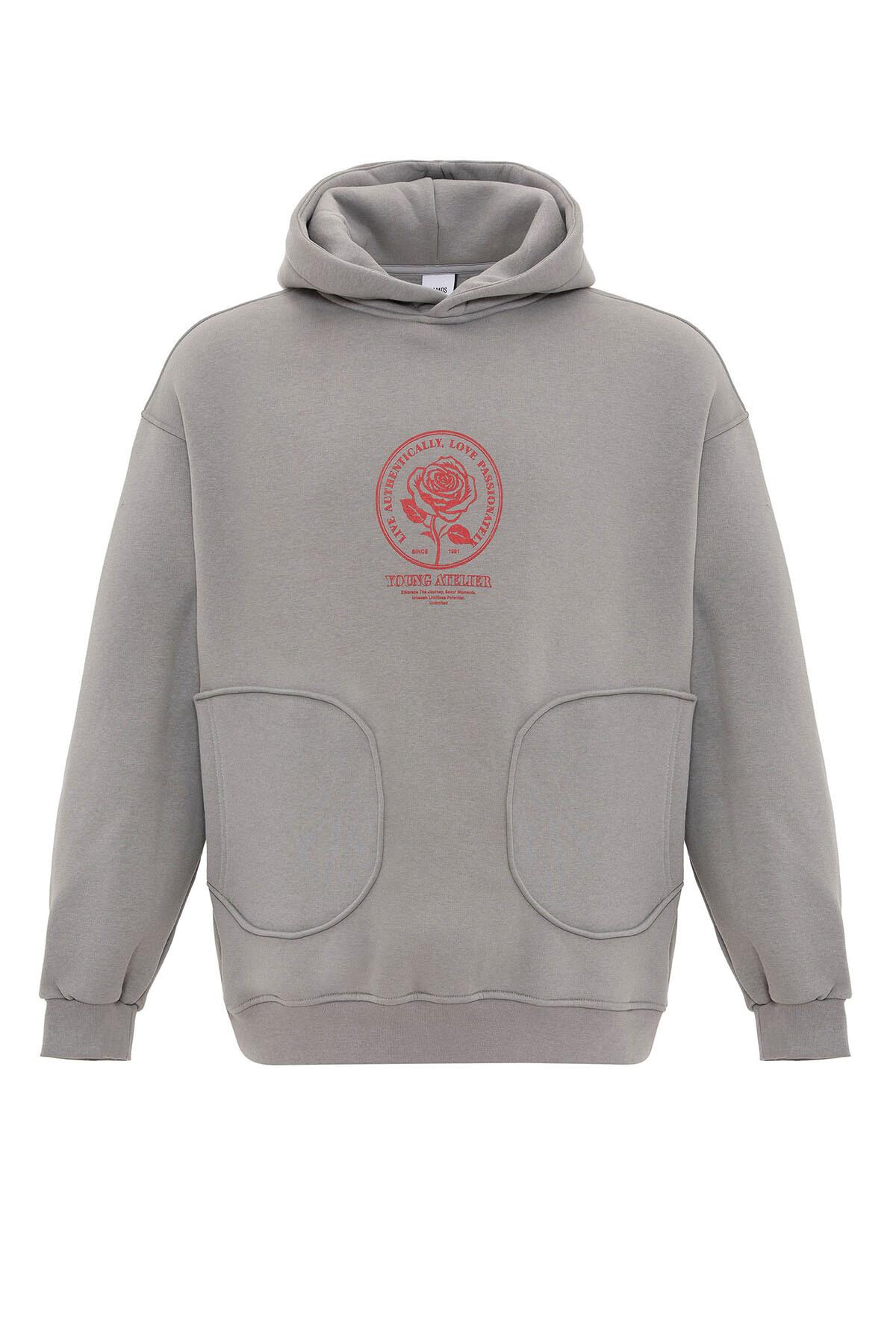 Cep Detaylı Baskılı Overıze Sweatshirt Gri