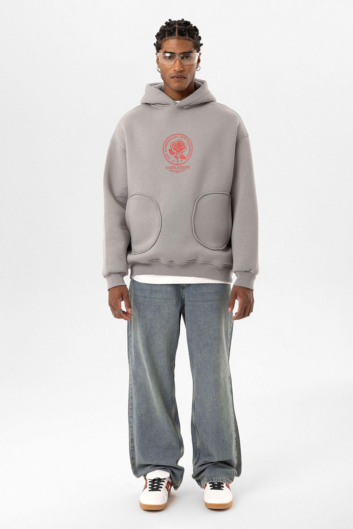 Cep Detaylı Baskılı Overıze Sweatshirt Gri