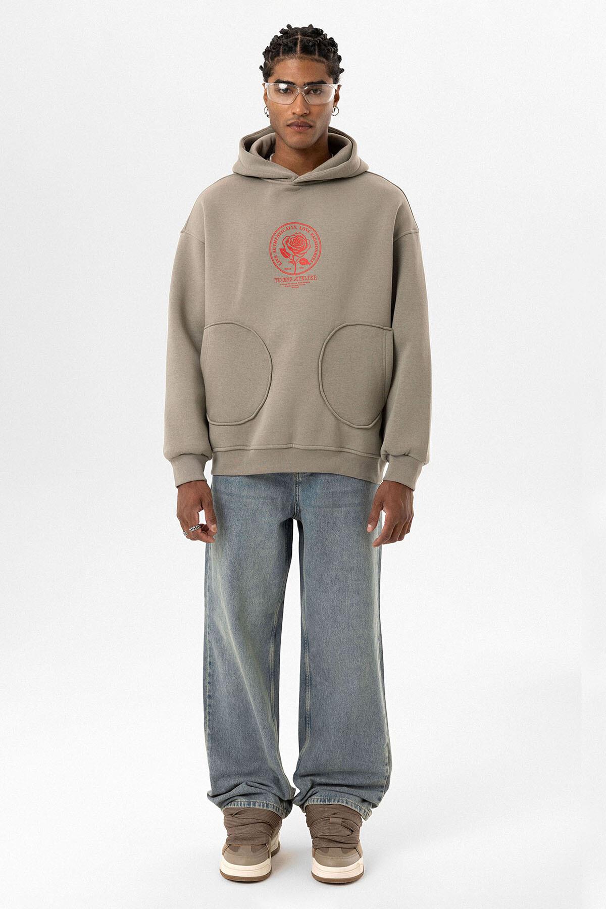 Cep Detaylı Baskılı Overıze Sweatshirt Haki